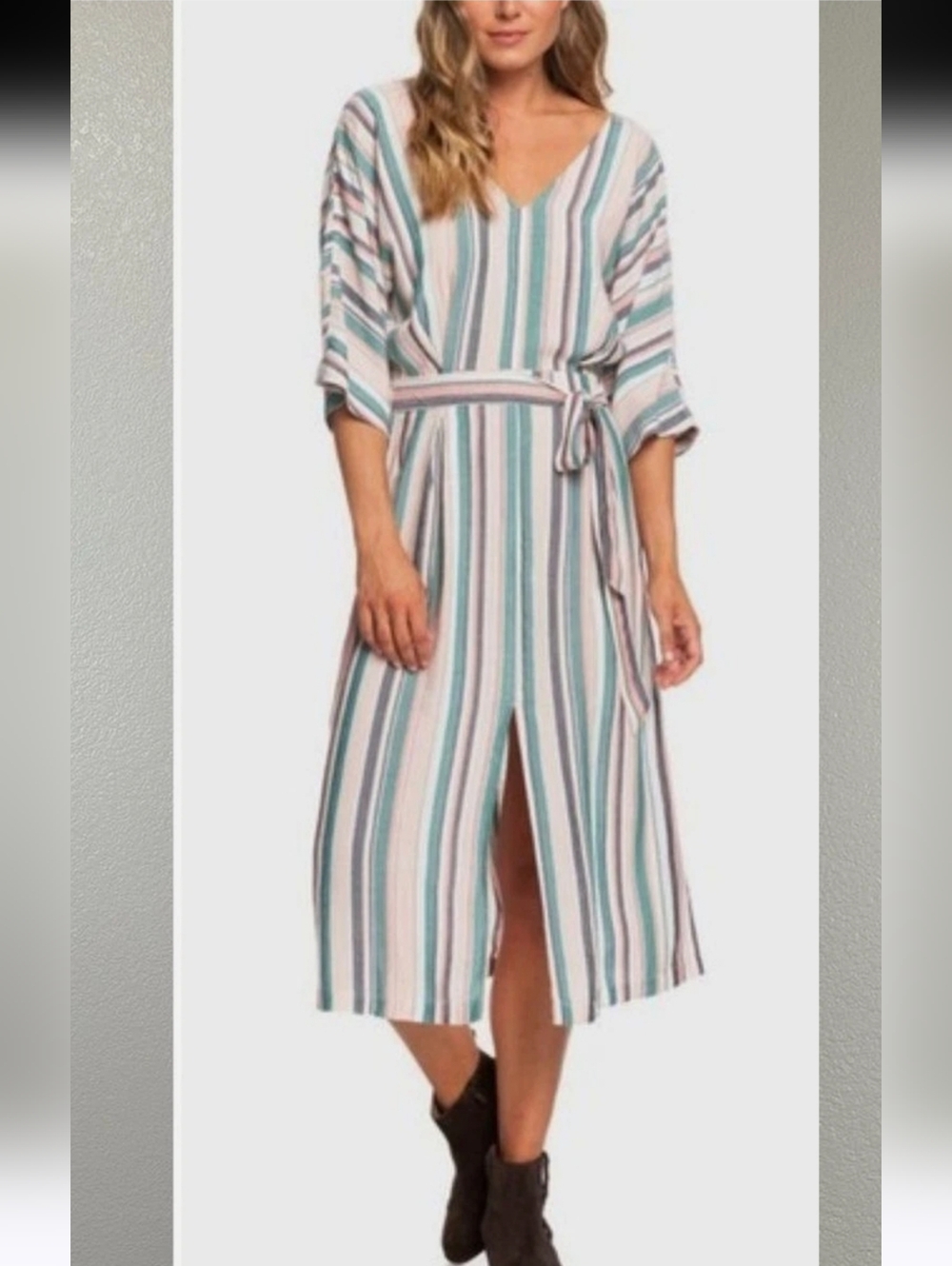 Roxy NWT Run The Road 3/4 Sleeve Stripe Midi Dress Women's Size Medium